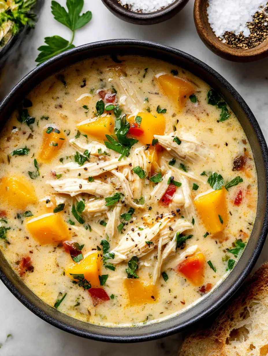 A bowl of soup with chicken and vegetables.