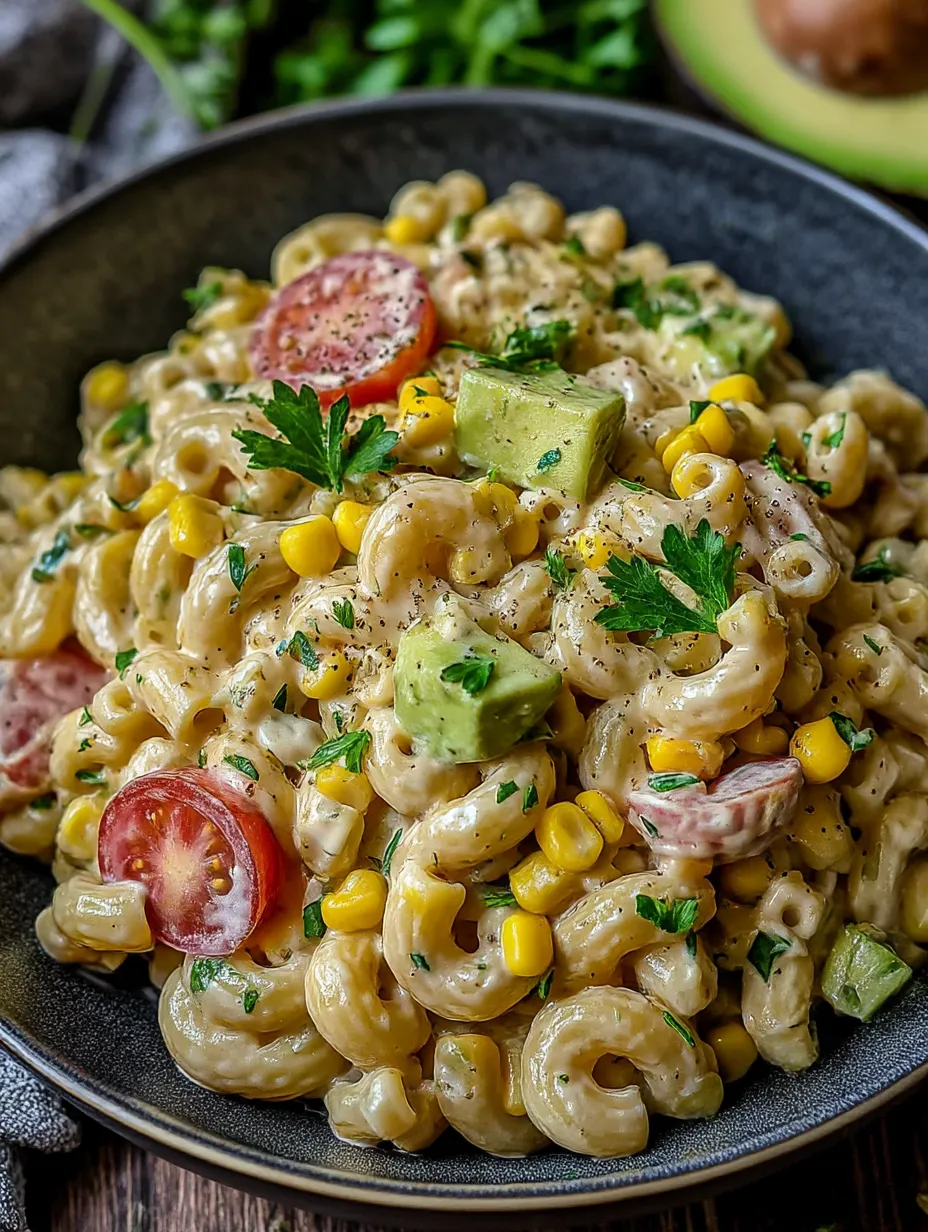 A bowl of pasta with tomatoes and corn.