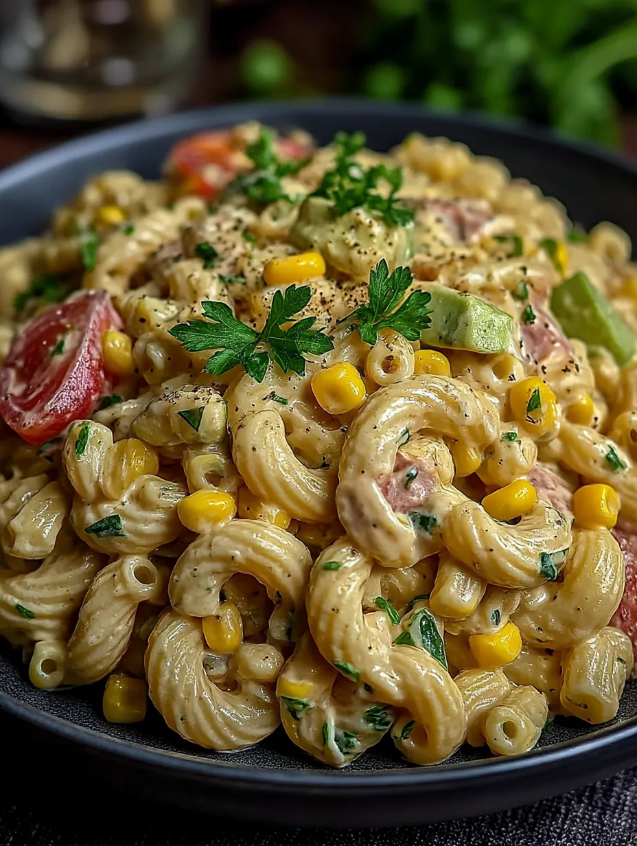 A bowl of pasta with tomatoes, corn, and cheese.