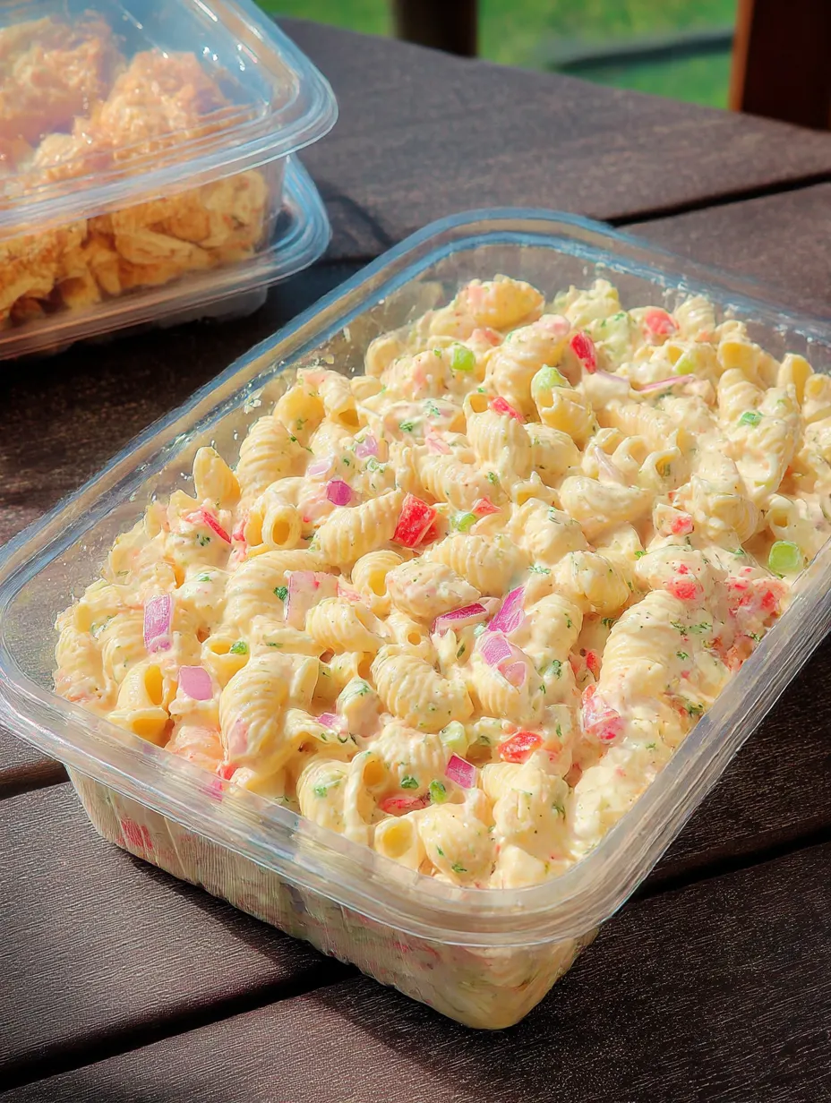 A container of macaroni salad.