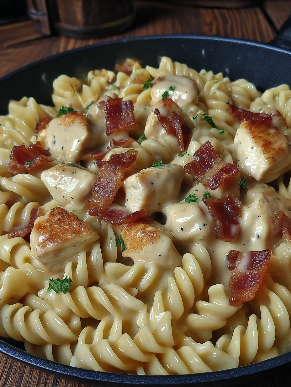 A bowl of pasta with chicken and bacon.