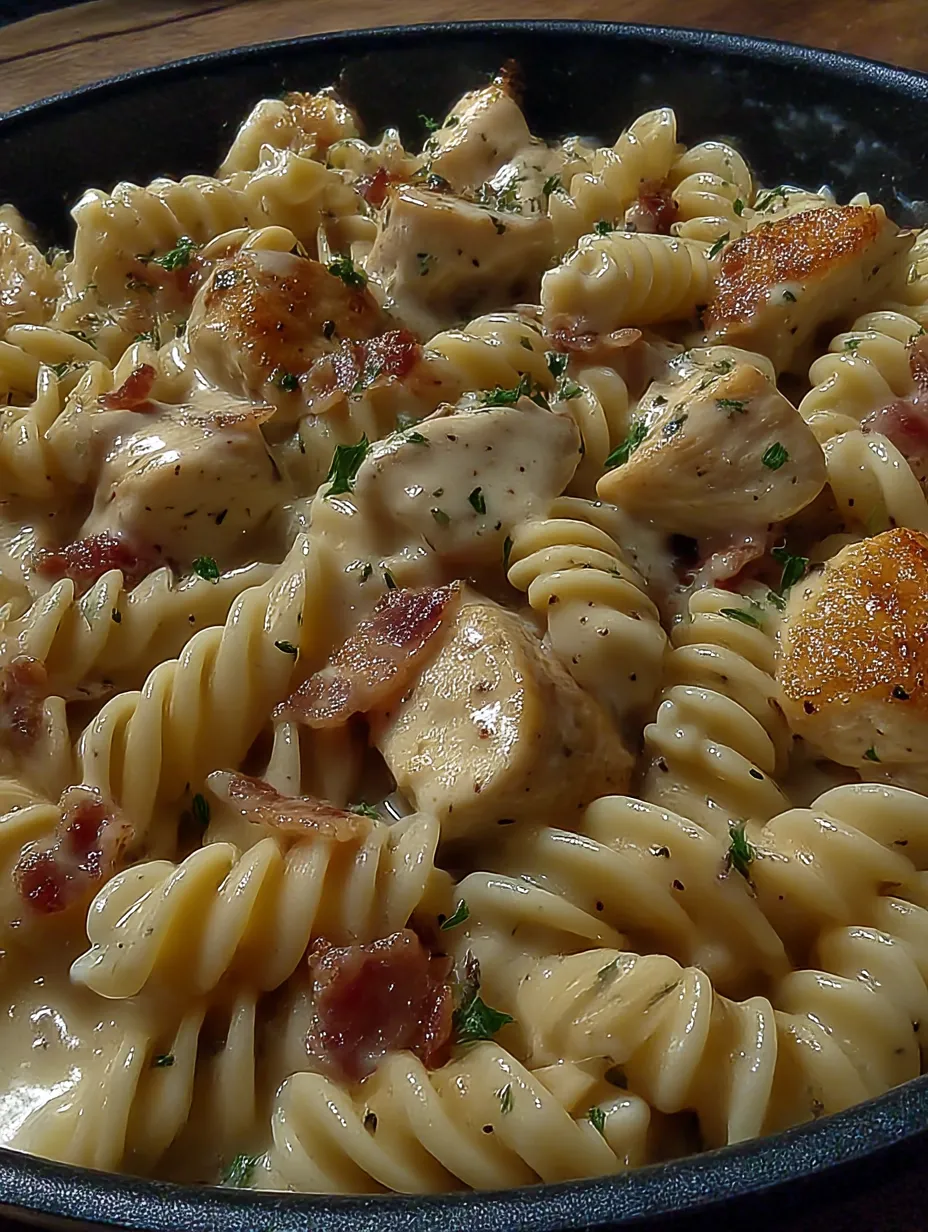 A plate of pasta with chicken and bacon.