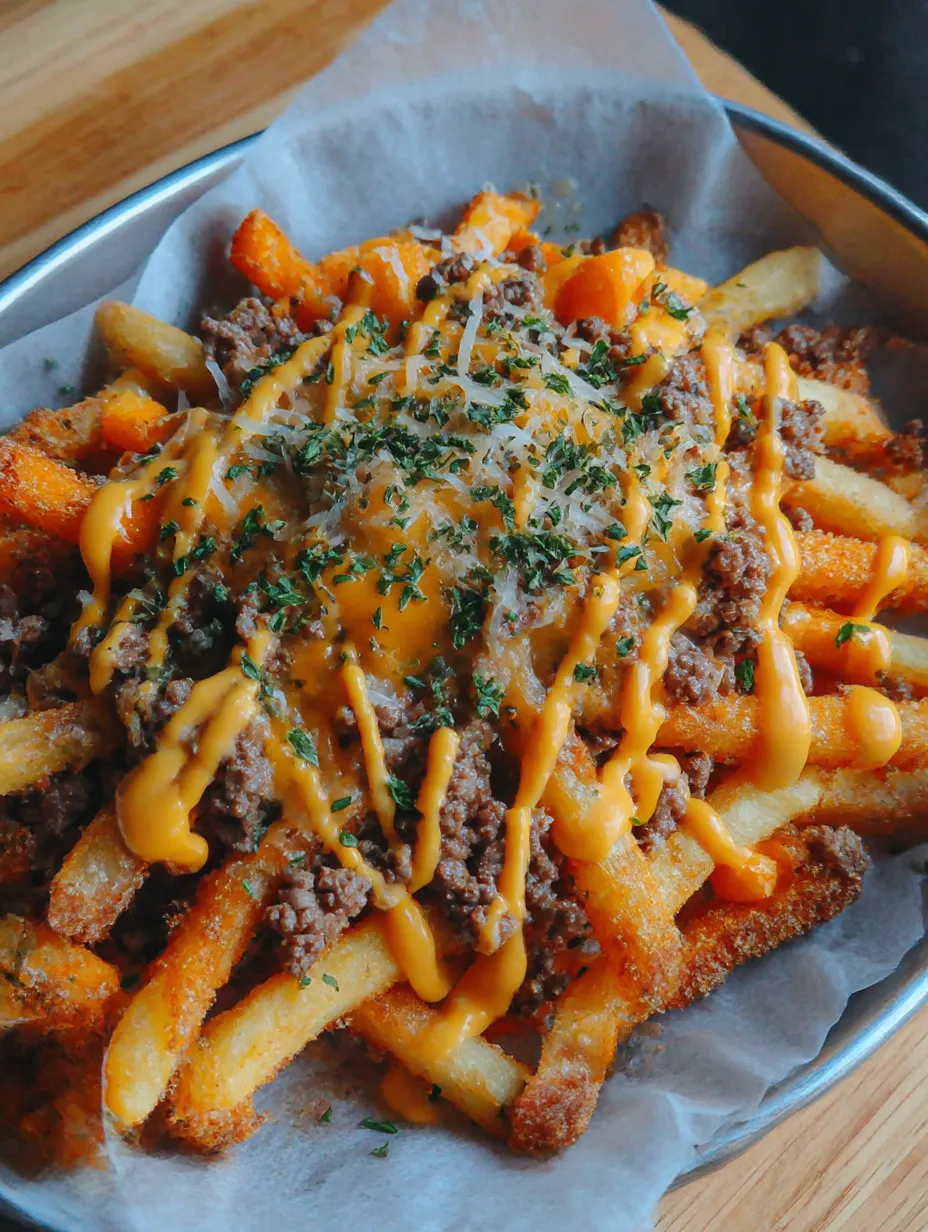 A plate of french fries with cheese and meat on top.