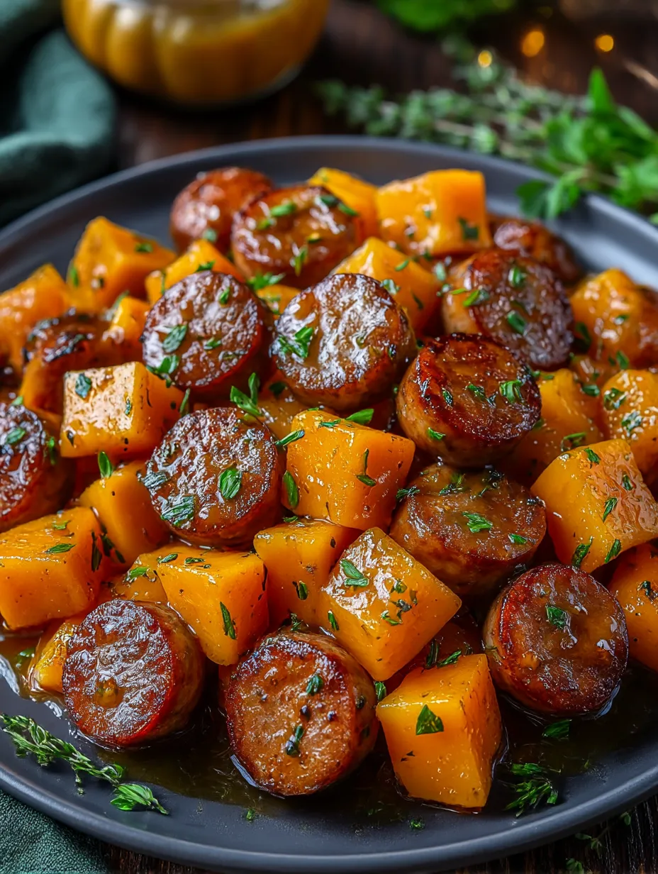 A plate of sausage and vegetables.