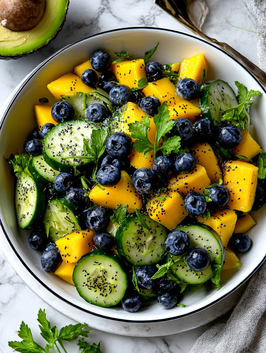 A bowl of fruit with blueberries, cucumbers, and avocado.