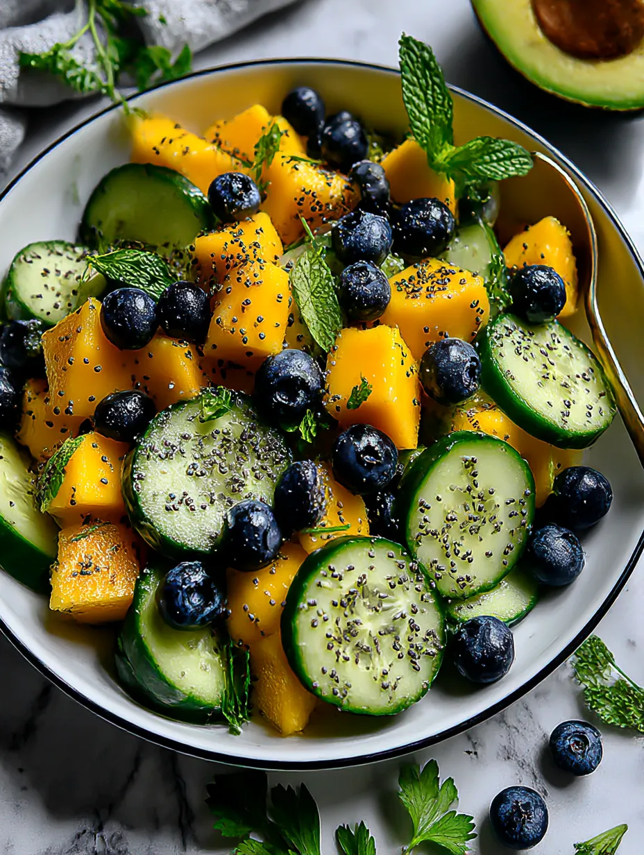A bowl of fruit with blueberries, cucumbers, and mango.