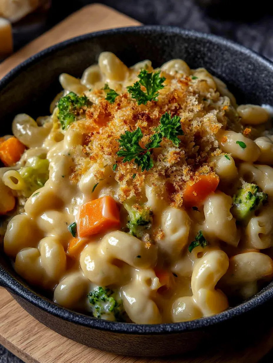 A bowl of macaroni and cheese with broccoli and carrots.