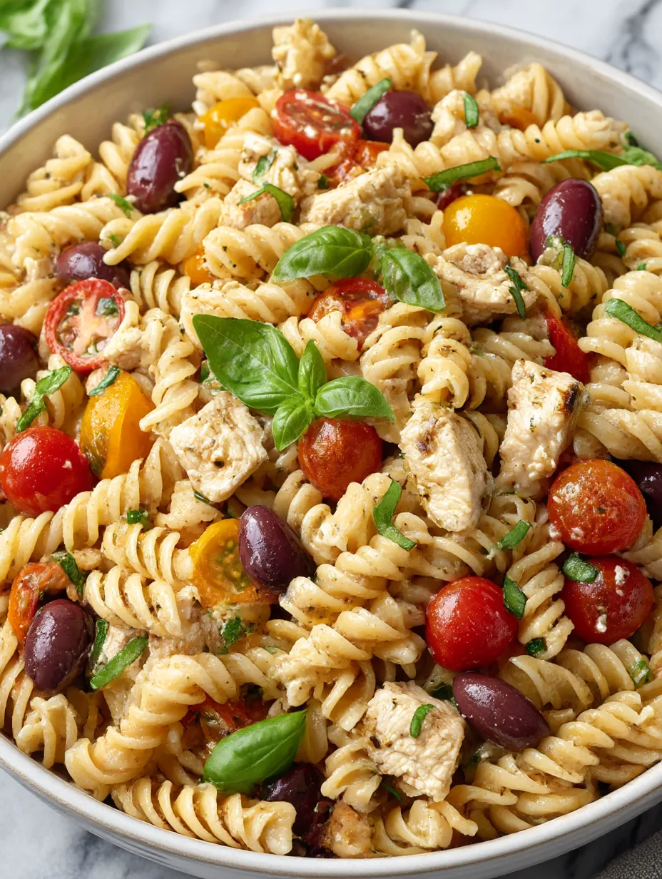 A bowl of pasta with chicken, tomatoes, and basil.