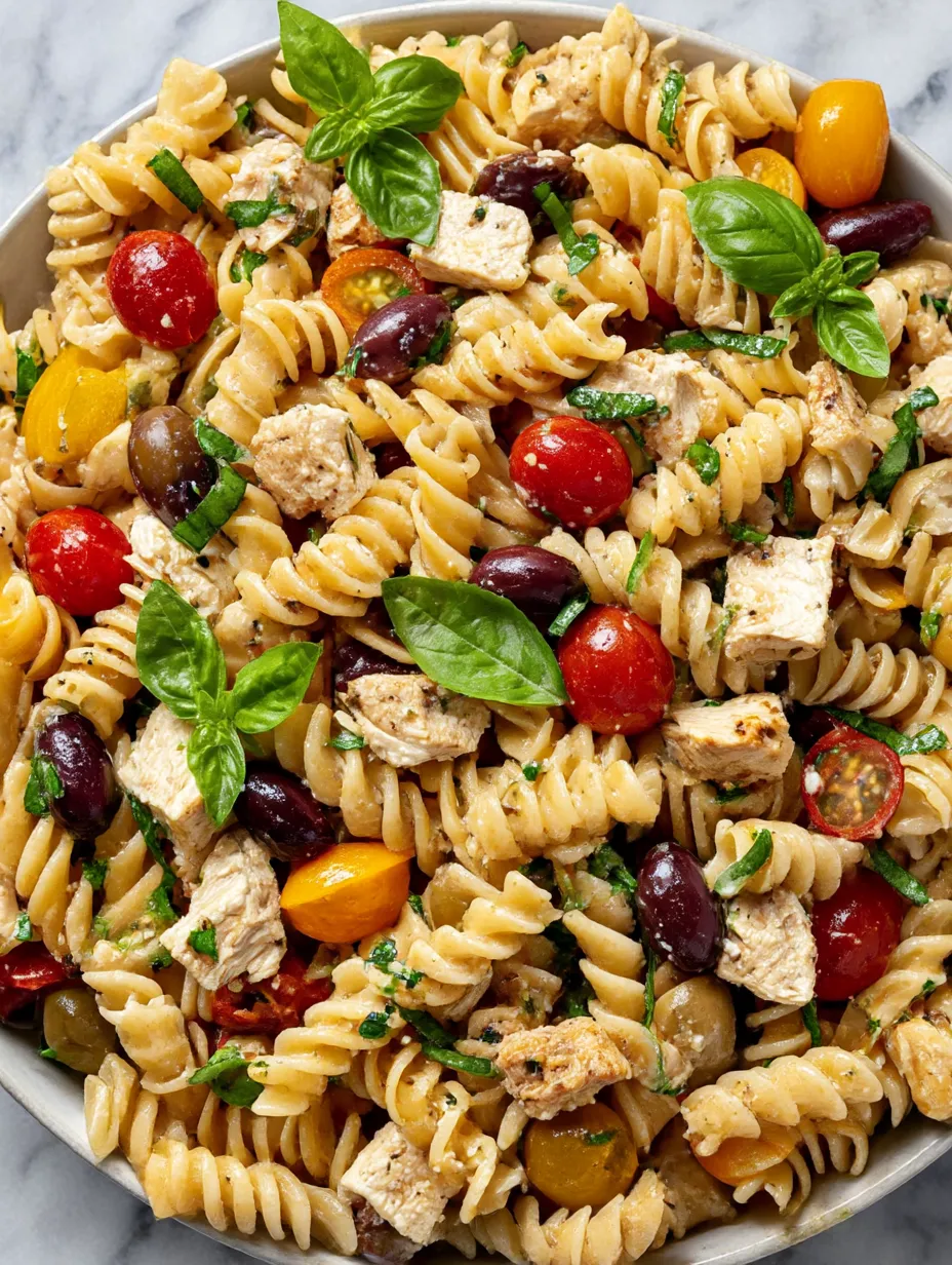 A bowl of pasta with chicken, tomatoes, and spinach.