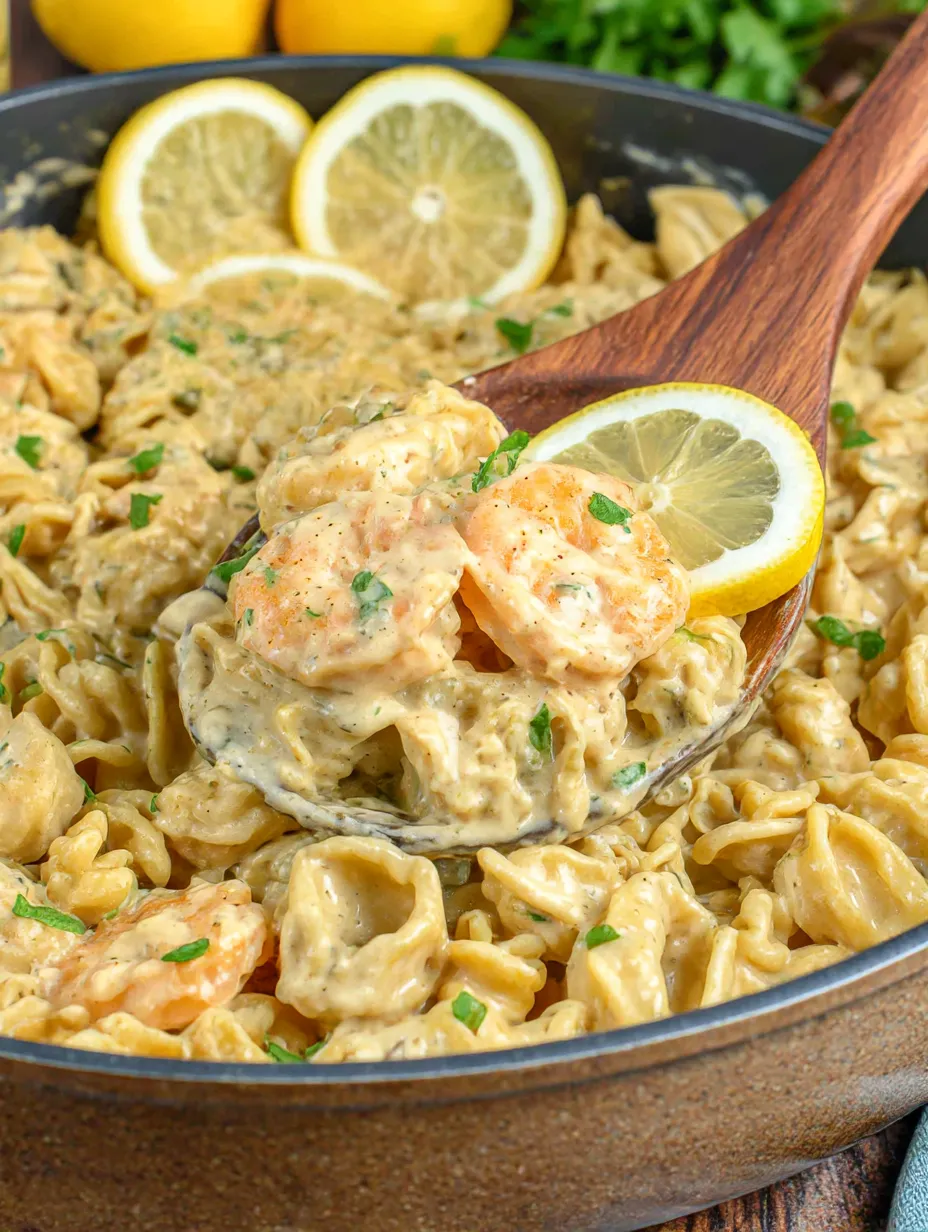 A bowl of shrimp and pasta with a lemon wedge on top.