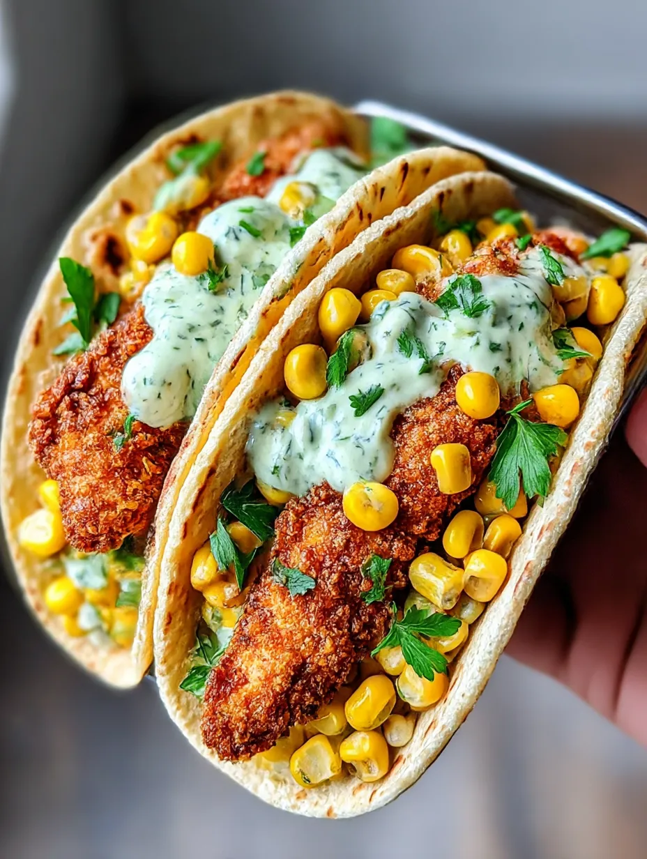 Two tacos with chicken and corn.