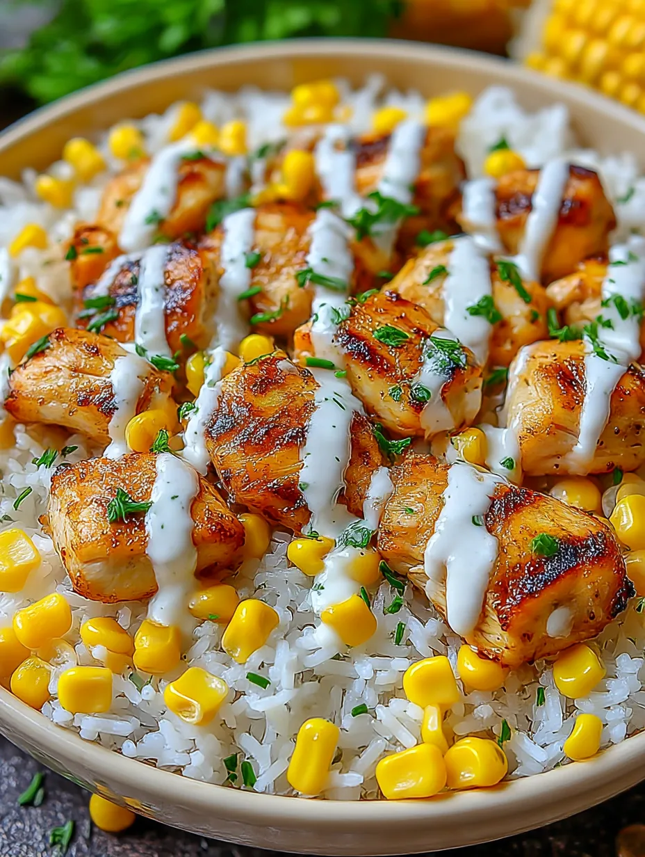 A bowl of rice with chicken and corn.