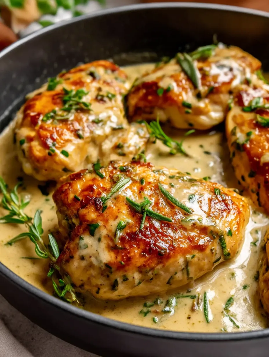 A pan of chicken with herbs and sauce.