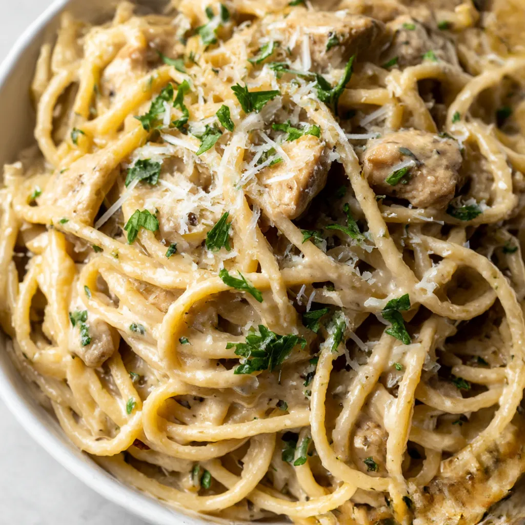 A bowl of pasta with chicken and cheese.