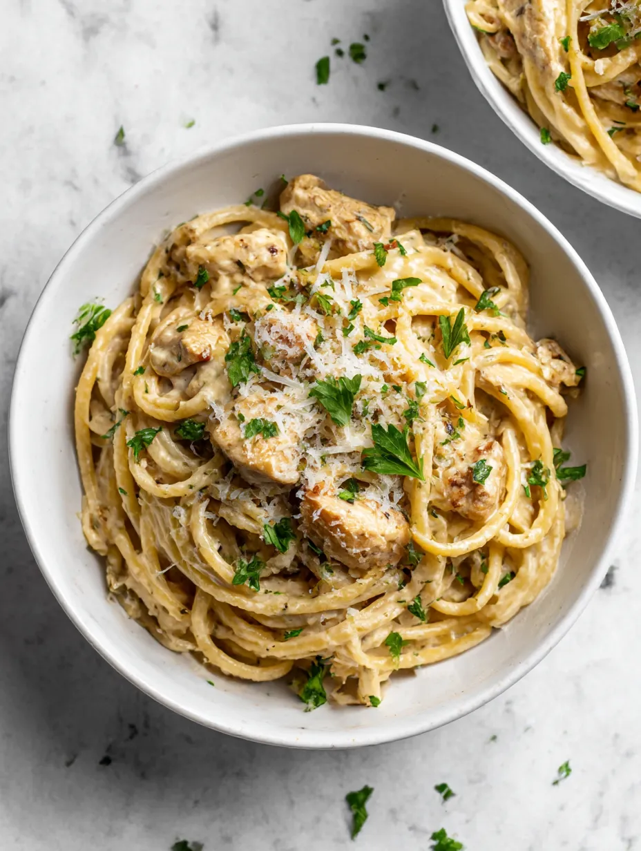 A bowl of pasta with chicken and cheese.