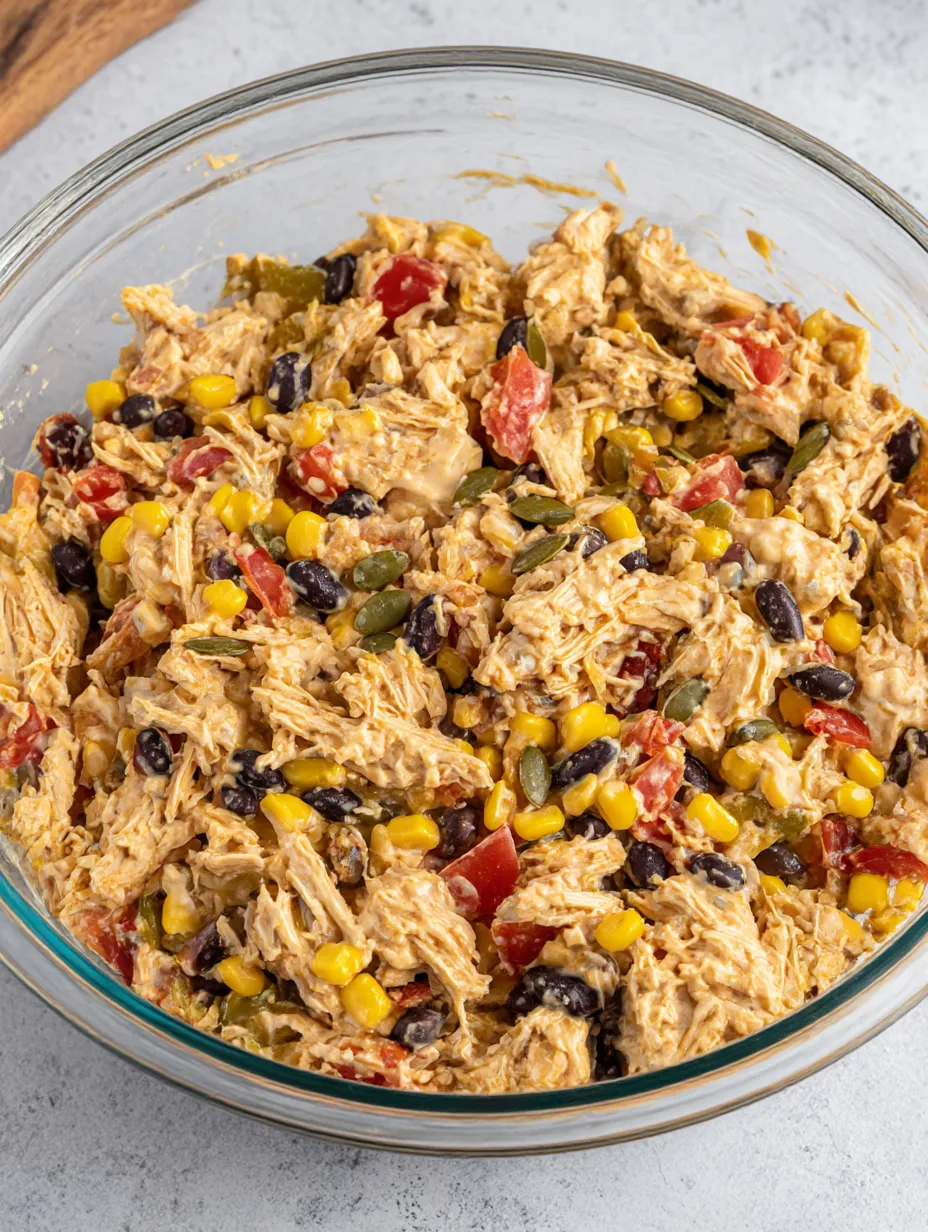 A bowl of chicken salad with tomatoes, corn, and beans.