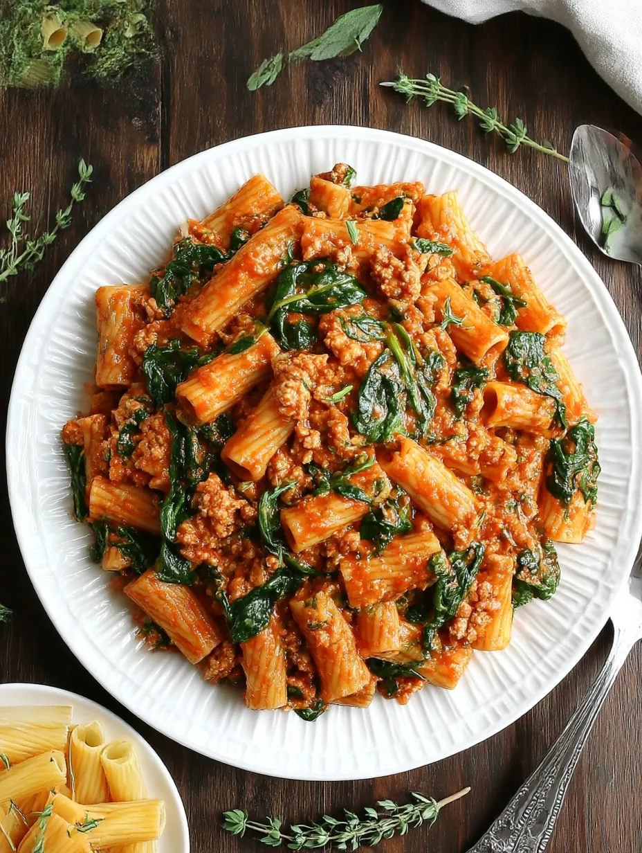A plate of pasta with meat and spinach.