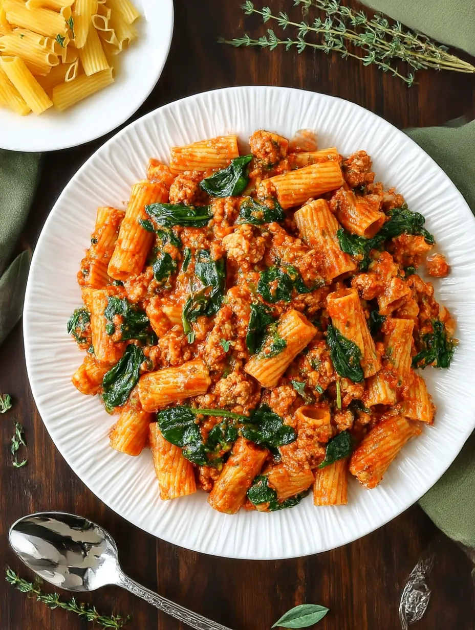 A plate of pasta with meat and greens.
