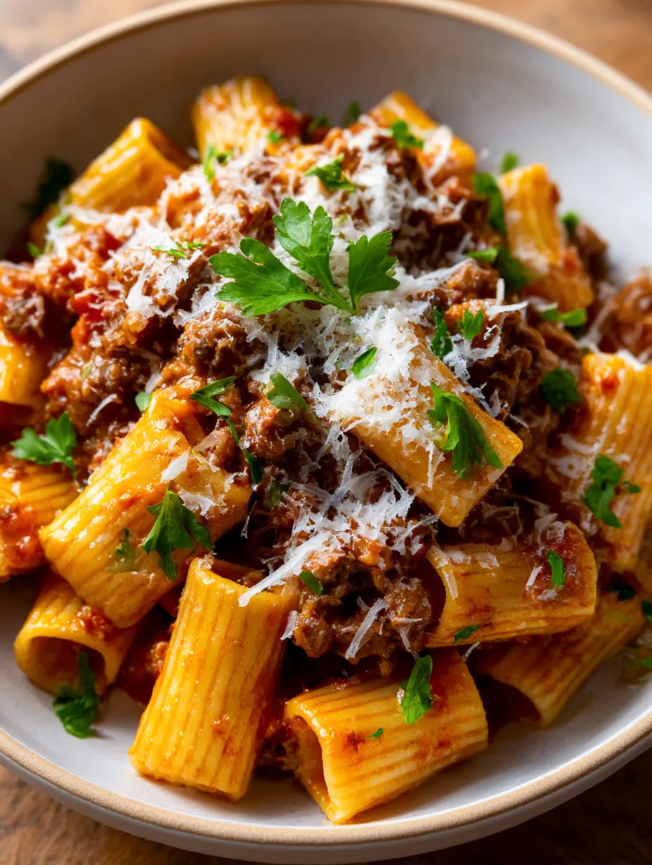 A bowl of pasta with meat and cheese.