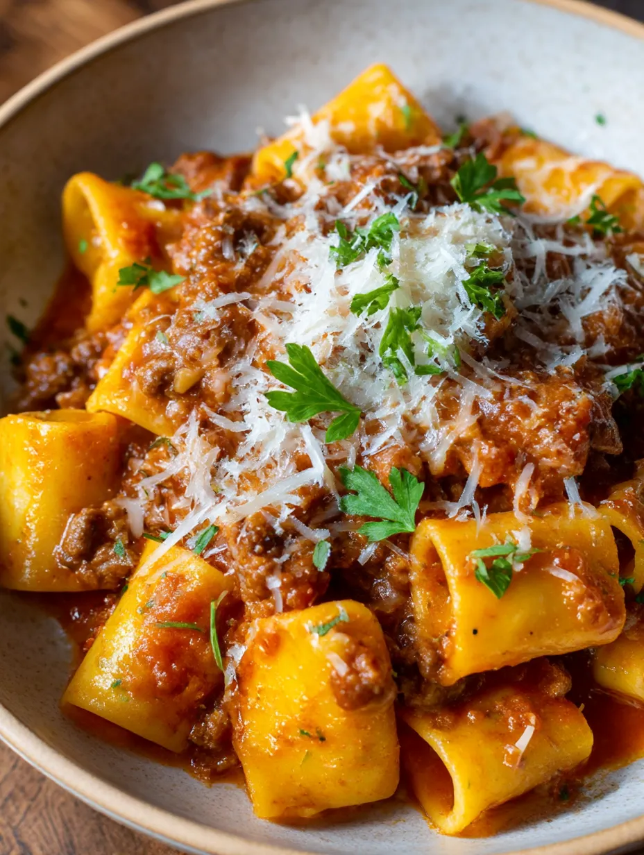A bowl of pasta with meat sauce.