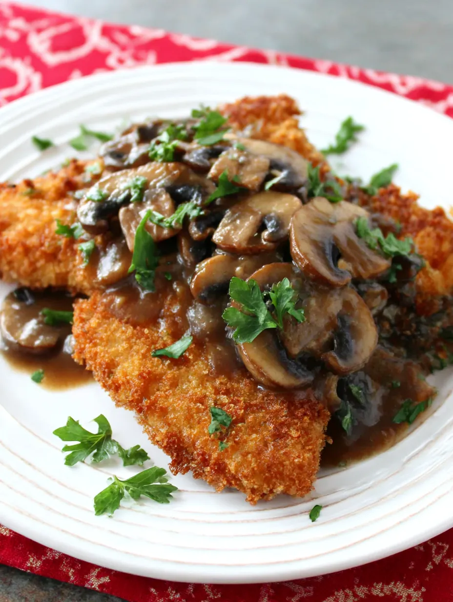 A plate of chicken with mushrooms and herbs.
