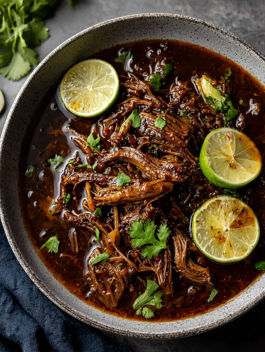 A bowl of beef stew with limes on top.