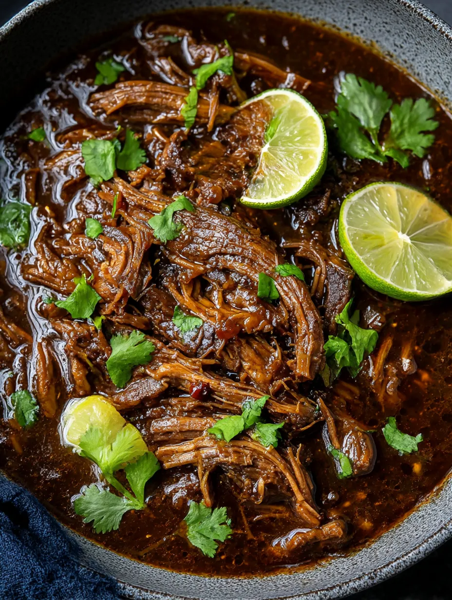 A bowl of beef stew with limes and cilantro.