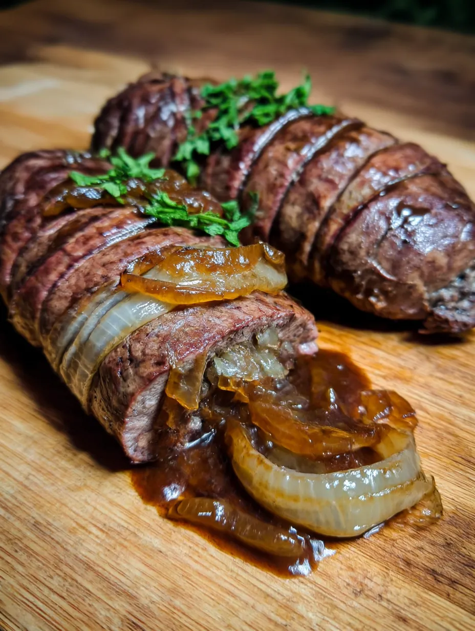 A piece of meat with onions and a green herb on it.