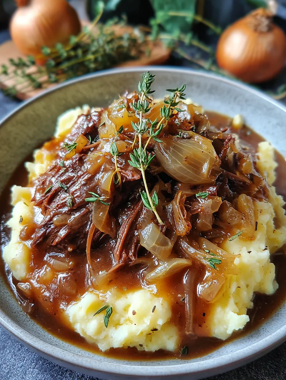 A plate of food with onions and potatoes.