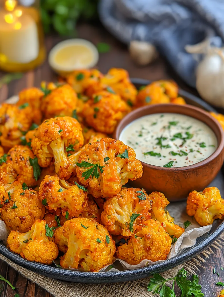 A bowl of cauliflower with a dipping sauce.