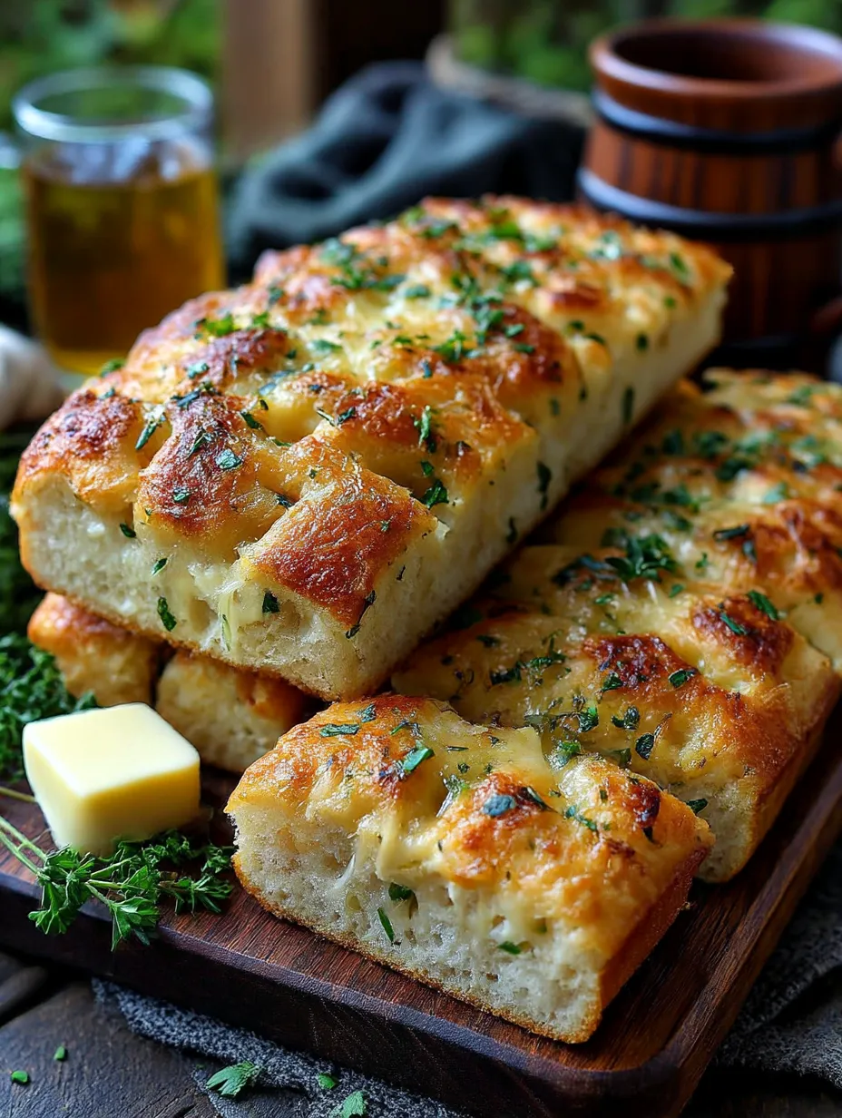 A loaf of bread with cheese on top.