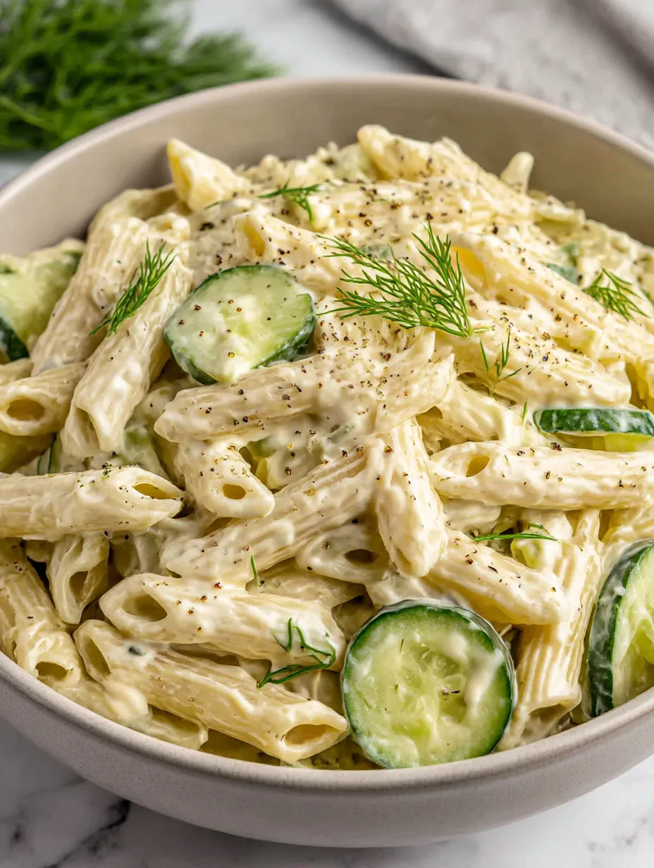 A bowl of pasta with cucumbers and cheese.