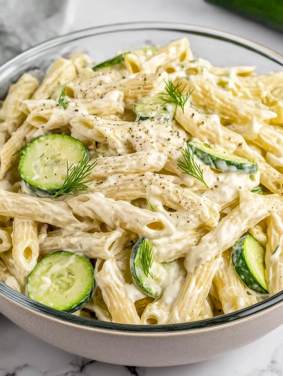 A bowl of pasta with cucumbers and cheese.
