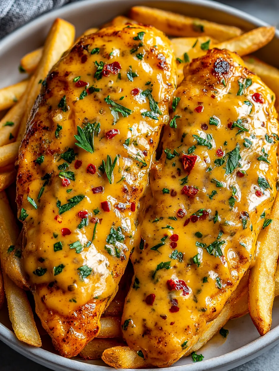 Two pieces of chicken with cheese on top.