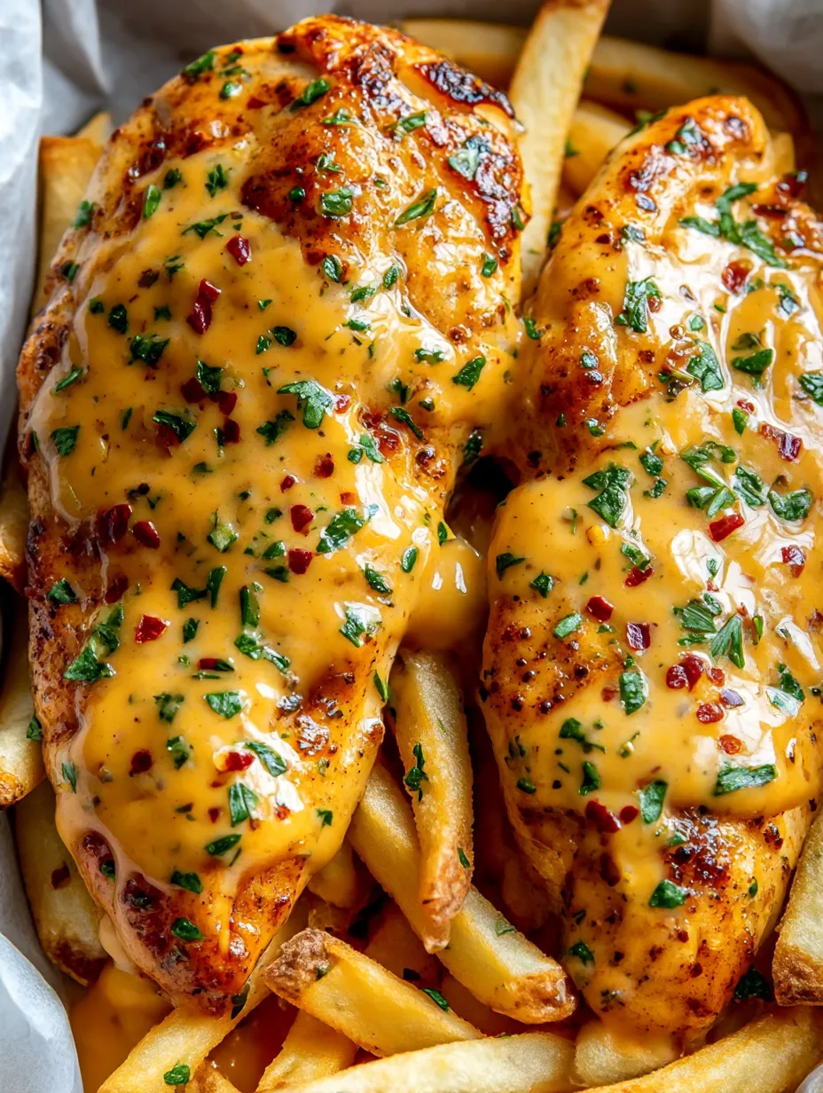 Chicken with cheese and herbs on top.