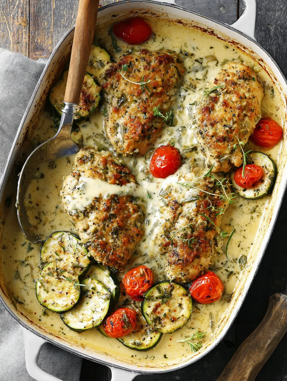 A pan of food with chicken, tomatoes, and zucchini.