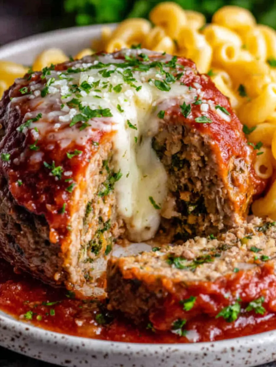 A meatball with cheese and herbs on top.