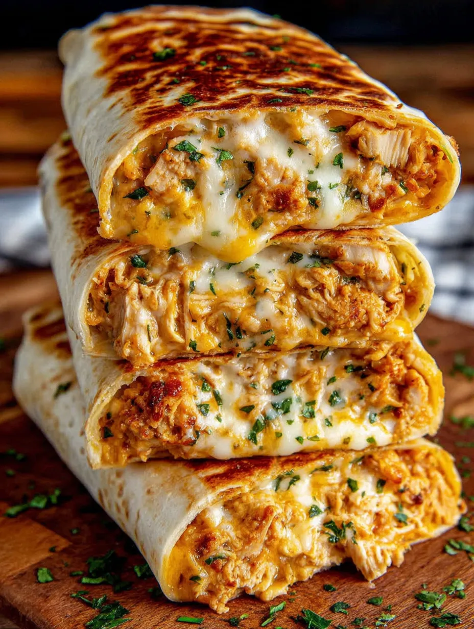 A stack of four chicken and cheese wraps.