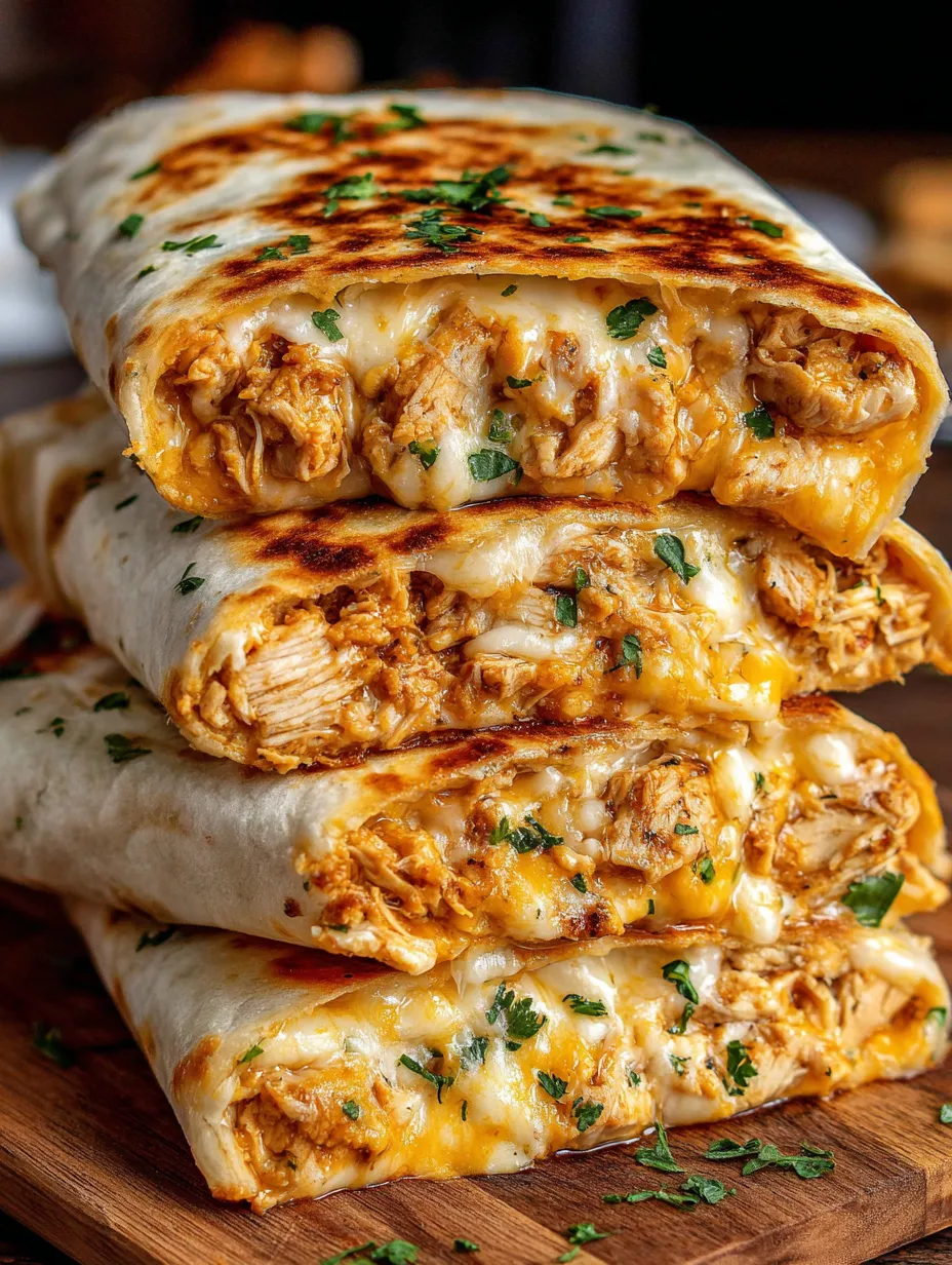 A stack of chicken and cheese wraps.
