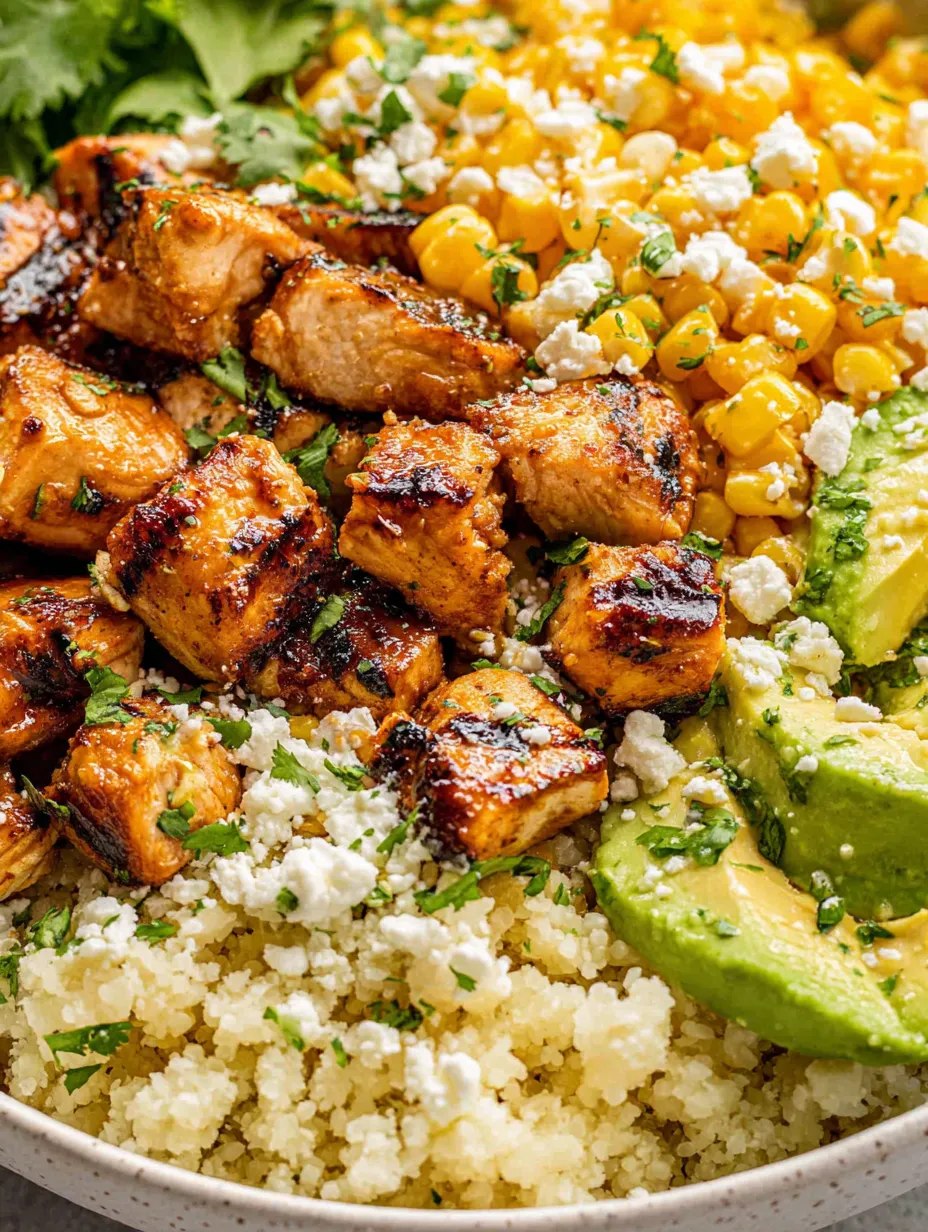 A plate of food with chicken, corn, and avocado.