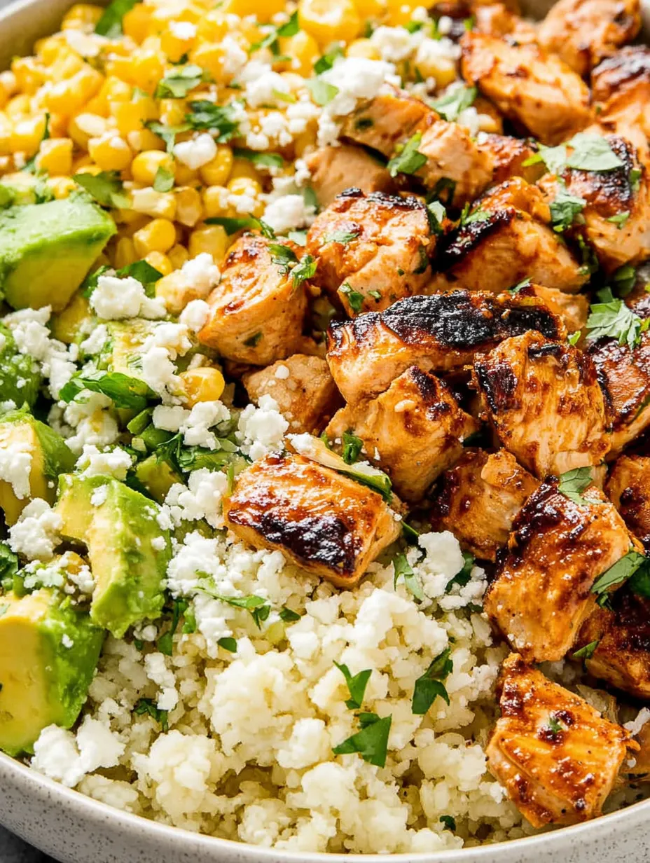A plate of food with chicken, corn, and avocado.