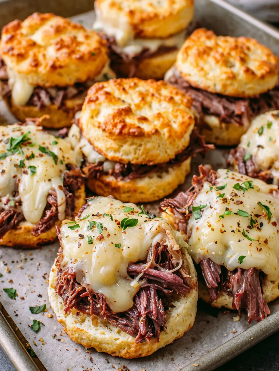 A plate of beef sandwiches with cheese.