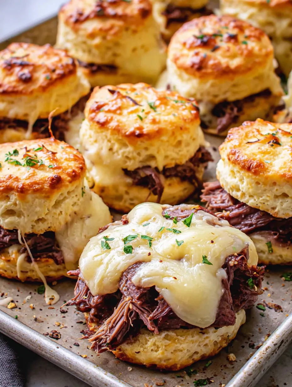 A tray of beef and cheese sandwiches.