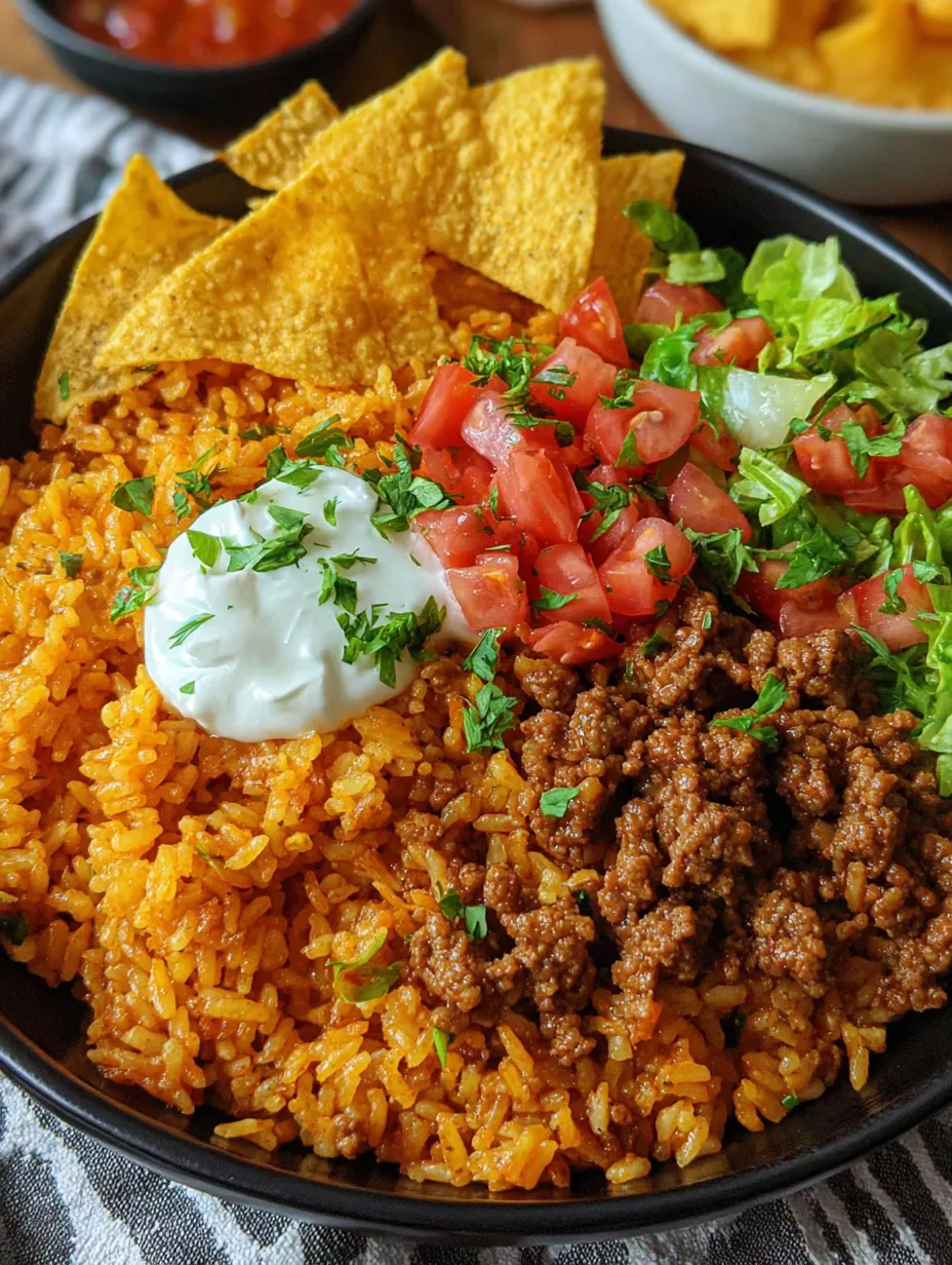 A bowl of Mexican food with rice, beans, tomatoes, lettuce, and sour cream.