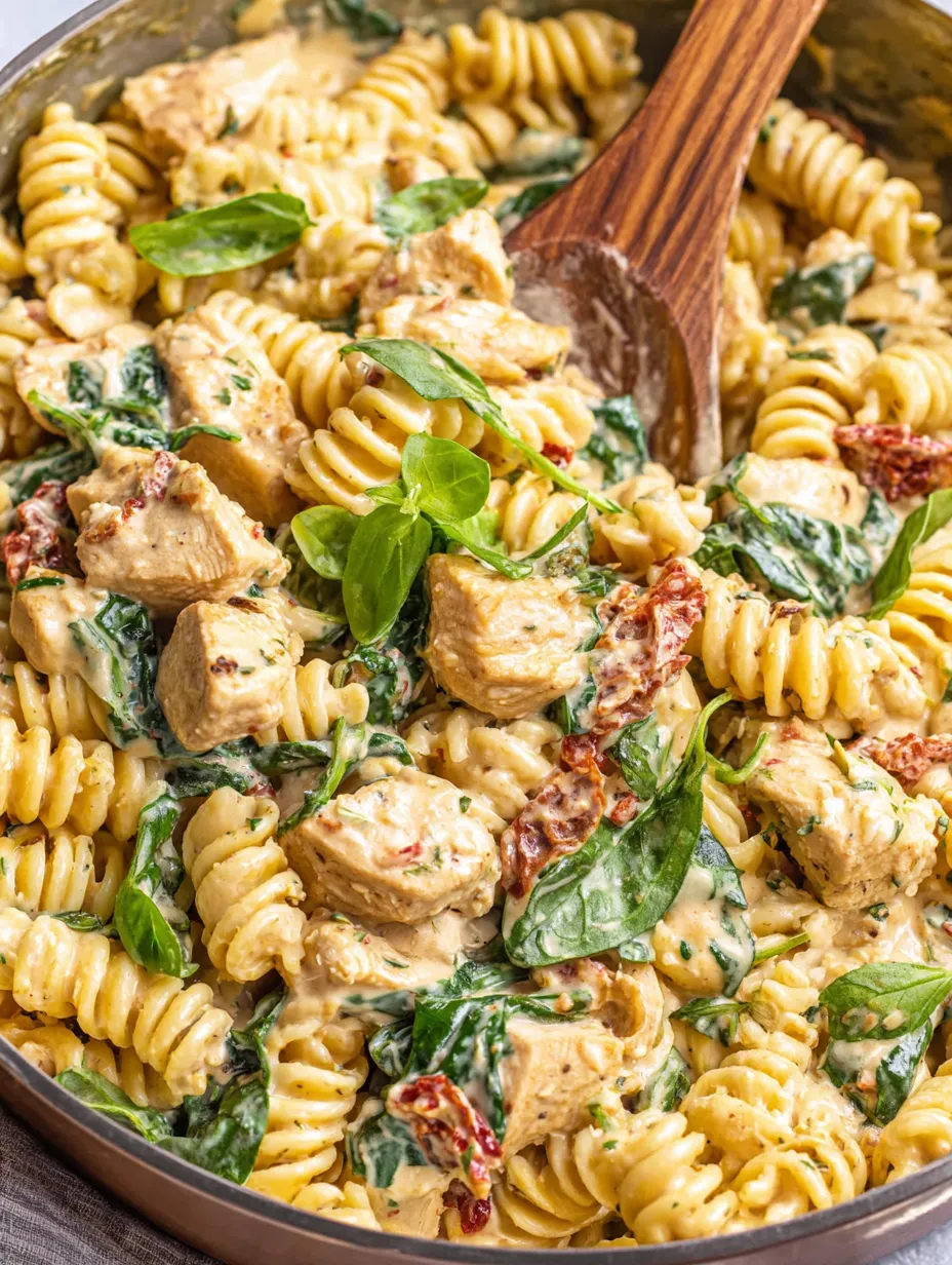 A bowl of pasta with meat and greens.