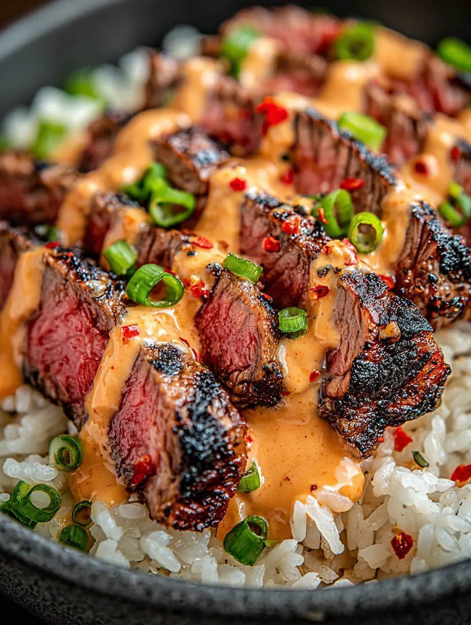 Steak with sauce and rice.