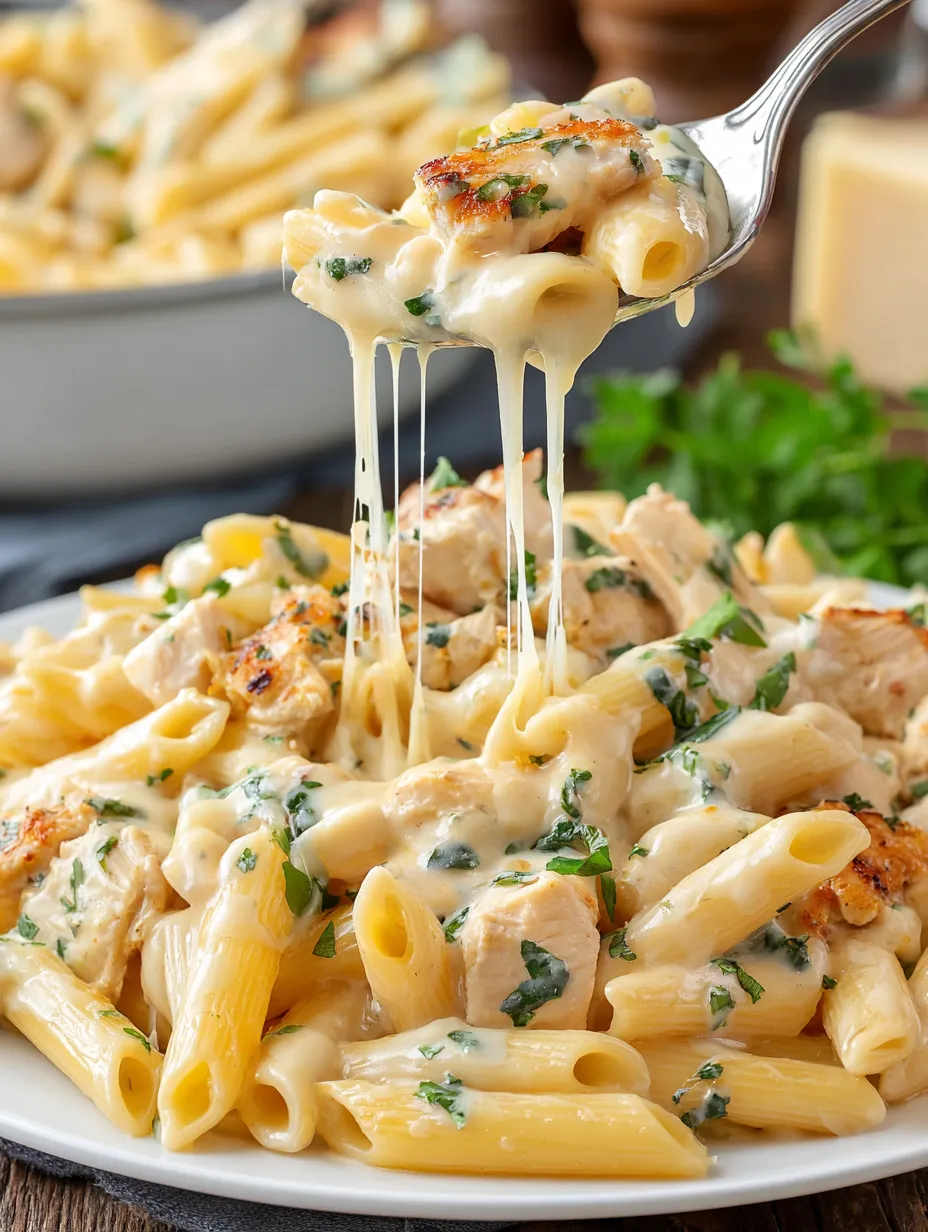 A plate of pasta with cheese and chicken.