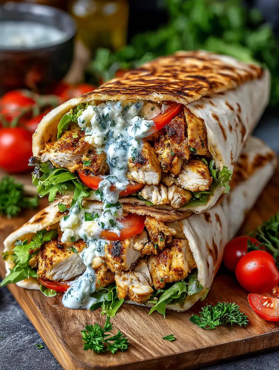 A chicken wrap with blue cheese and tomatoes.