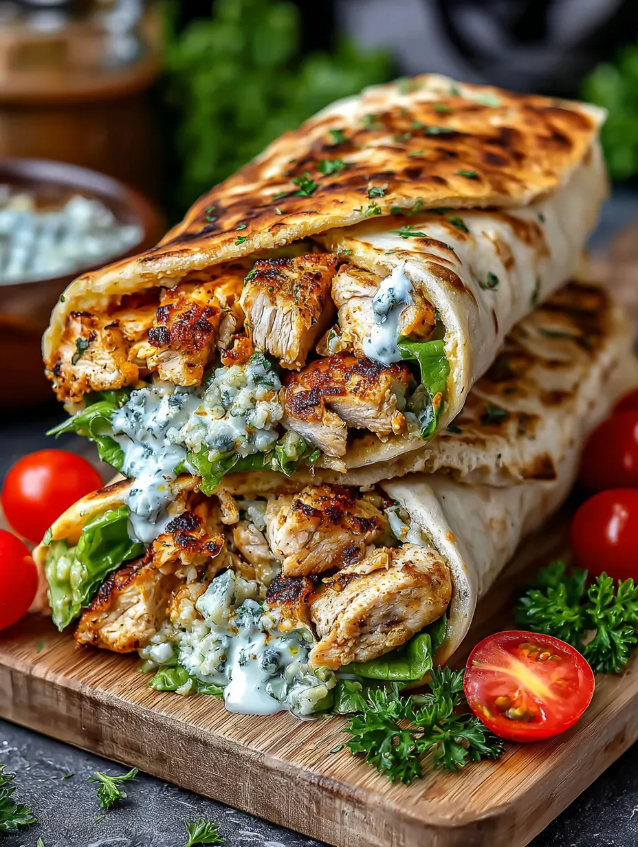 A chicken wrap with blue cheese and tomatoes.