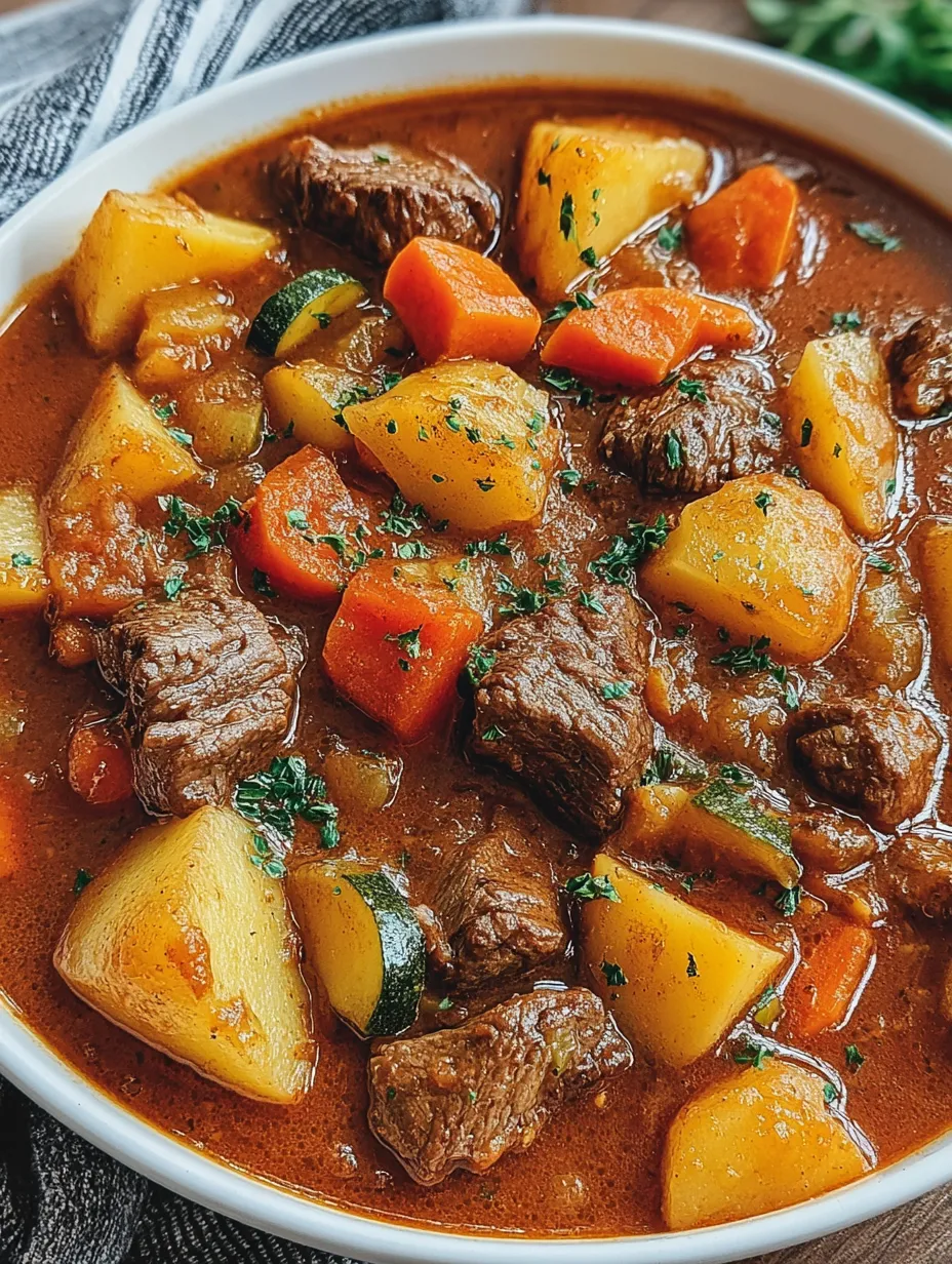 A bowl of stew with meat and vegetables.